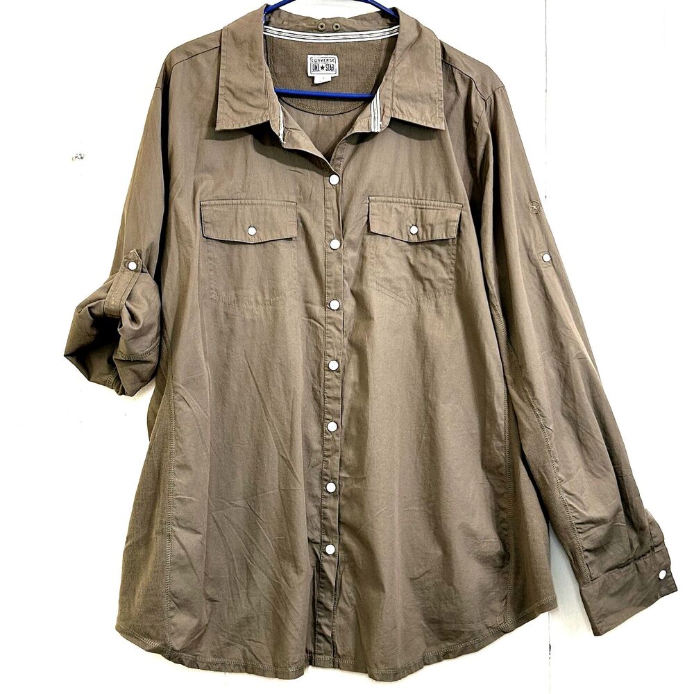 Converse One Star Women’s Button Up Long Sleeve Shirt Size 3X Plus Green Olive